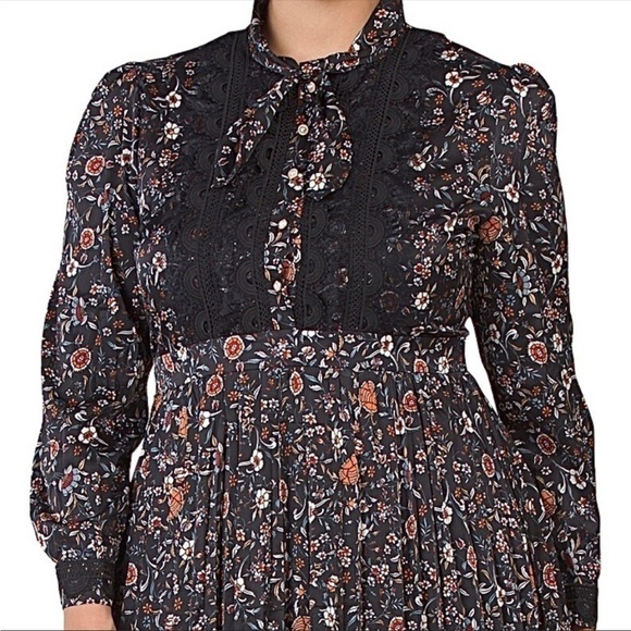 DALIA Macphee Floral Pleated Long Sleeve‎ Midi Dress Black Size 3x New - Picture 2 of 15